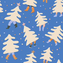 Christmas seamless pattern with people buying and carrying christmas trees. High quality photo - 733544860