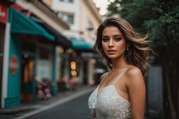 beauty woman portrait in the street, outdoor portrait, fashion model