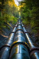 Pipeline and pipe rack of petroleum and natural gas transportation pipeline to the industrial refinery, petroleum organization delivering resources production - obrazy, fototapety, plakaty