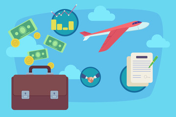 Airplane and briefcase vector illustration. Signing contract, handshake, financial diagram, money on background. Business travel, partnership concept