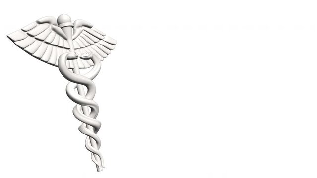 3D rendered white color caduceus, symbol of medicine and related sciences, coming with dolly out to frame on white background. 4K resolution, large copy space. 