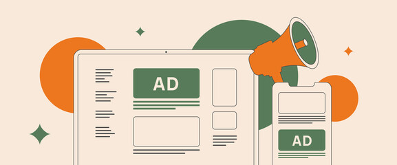 Native and programmatic advertising. Contextual targeting in programmatic ad strategy. Explore latest trends in digital programmatic advertising, media promotion. Isolated flat outline illustration