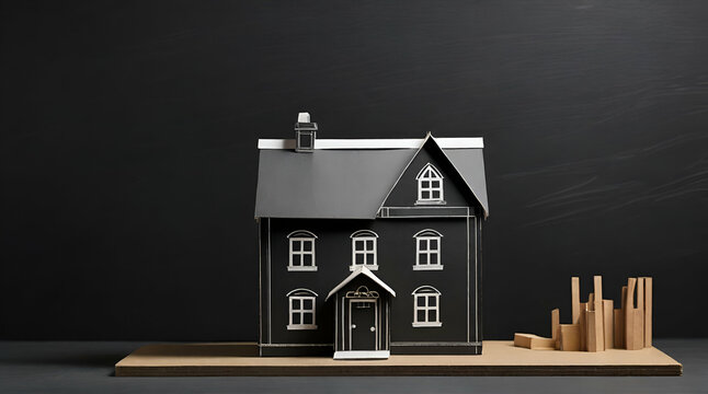 paper house model presenting on black chalkboard.Generative AI
