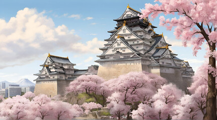 Osaka castle with cherry blossom. Japan, April,spring.
.Generative AI