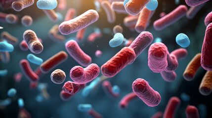 Various shapes of bacteria, probiotics under microscope, science, medicine concept background