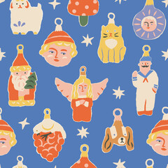 Christmas vintage baubles seamless pattern. Santa Claus, angels, birds and animals retro ornament for Christmas and New year celebration. Vector illustration - 733547489