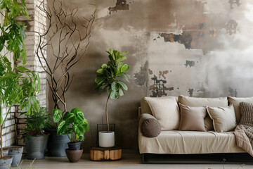 Rustic interior design with sofa, home plant and home decor . Interior mockup. Generative AI