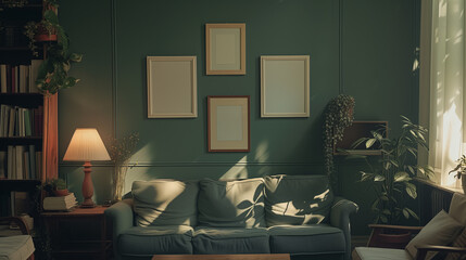 Stylish Living Room with Blue Velvet Sofa and Mockup Frames on Dark Green Wall