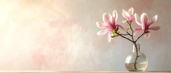Minimalistic light background with a glass vase with the magnolia plant and blurred foliage shadow on a light wall. Generated AI.