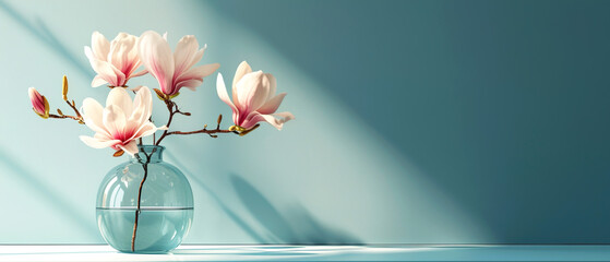 Minimalistic light background with a glass vase with the magnolia plant and blurred foliage shadow on a light wall. Generated AI.