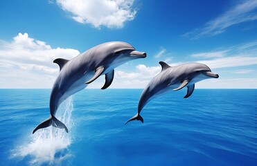 Two cute dolphins jumping on beautiful blue sea