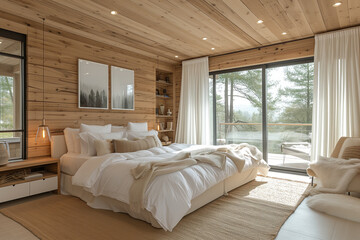 Wooden bedroom interior concept with fabric bed and home decor. Scandinavian interior design. Generative AI
