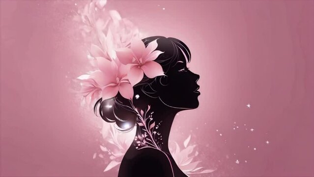 silhouette of a woman cartoon style on pastel pink background color with motion of flower and copy space area. Suitable for video of women's day, mother's day, women's equality day etc.