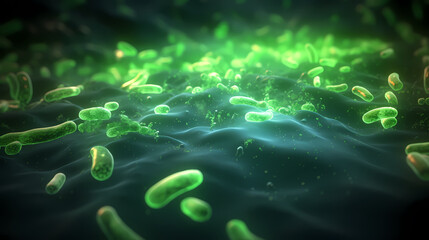 Various shapes of bacteria, probiotics under microscope, science, medicine concept background