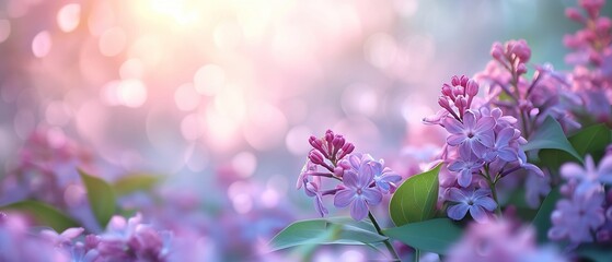 Beautiful green leaves and blooming lilac in a spring park on a bright sunny day. Natural colorful background, banner with copy space. Generated AI