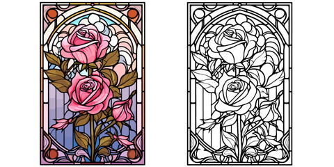 Two Beautiful Pink Roses with Presents Coloring Page Stained Glass Vector Art