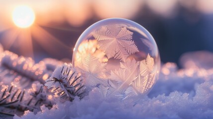 Intricate ice patterns emerge on a bubble's surface, captured in a macro shot as the sun rises.