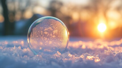 A macro lens reveals the frozen tapestry woven on a bubble's surface, contrasted against the snow.