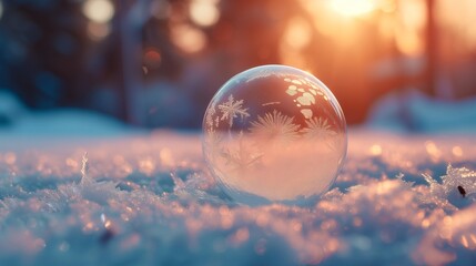 A soap bubble's dance with frost ends in a spectacle of ice crystals, framed by the soft morning...