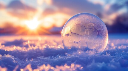 The calm of a snowy morning is broken by the sparkle of a frozen bubble, its ice patterns lit by the rising sun.