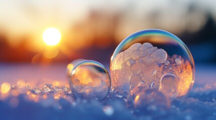 The stillness of a snowy dawn is broken by the beauty of a frozen bubble, its crystal patterns shining.