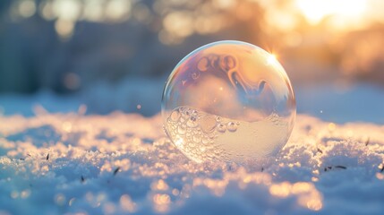 Obraz premium The intricate frost patterns on a bubble are illuminated by the soft light of a winter dawn.