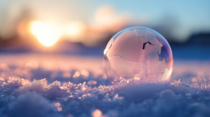 Macro shot of a soap bubble with frozen tendrils of ice on a snowy surface as the sun rises.