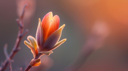 A macro view of a flower in early bloom, the dew drops on its surface reflecting the soft morning light.