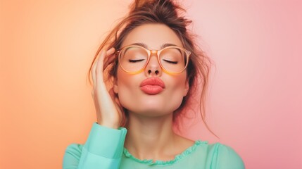 Portrait of beautiful young woman sending kiss on pastel color background. - obrazy, fototapety, plakaty