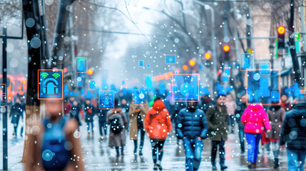 A crowd of people on the street and a facial recognition camera running it. Surveillance and information collection. Cutting-edge technology gathering crowd information.