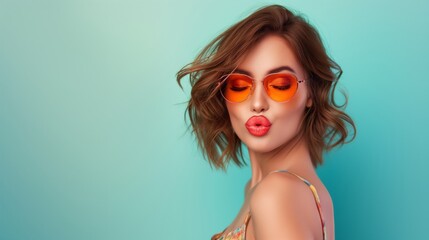 Portrait of beautiful young woman sending kiss on blue background. - Powered by Adobe
