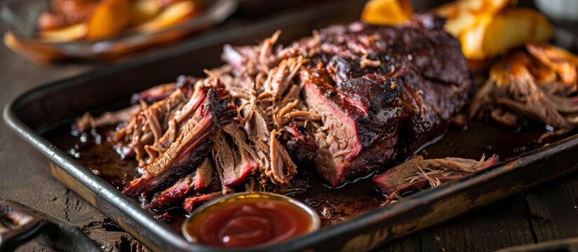 Wagyu pulled beef, served on a rustic board in a metal tray, showcasing a traditional barbecue.