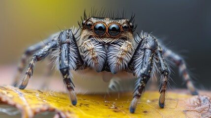 A jumping spider's intricate eye structure commands attention in this macro nature photograph.