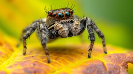An entomologist's dream: a detailed close-up of a jumping spider showing its unique coloration and form.