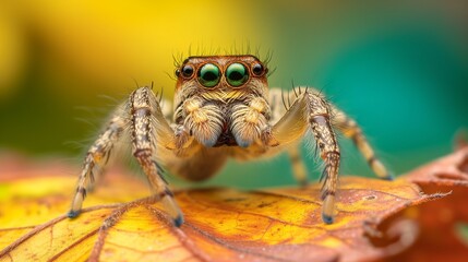 A close-up that celebrates the unique and colorful patterns that adorn the body of a jumping spider.