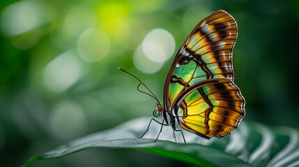 The dewy environment of a tropical morning is complemented by a butterfly's delicate landing.
