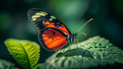 Fototapeta na wymiar The bright hues of a tropical butterfly's wings create a vivid splash against the green foliage.