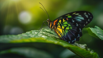 The grace of a butterfly's flight is momentarily stilled as it rests in a tropical setting.