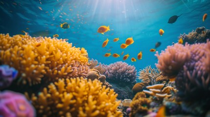 The serene underwater world of a coral reef, home to exotic sea life.