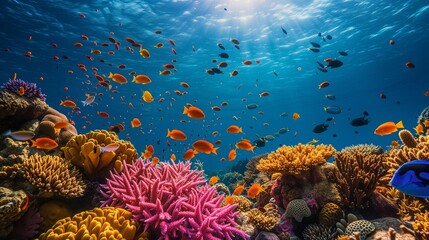 Underwater paradise with vibrant coral reef and bustling sea life.