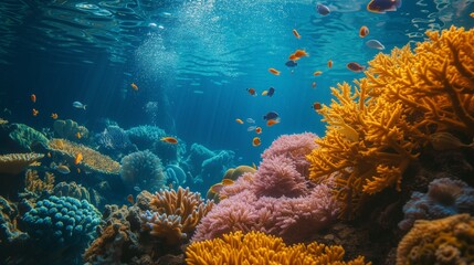 A coral reef's depth and clarity captured in an underwater photograph.