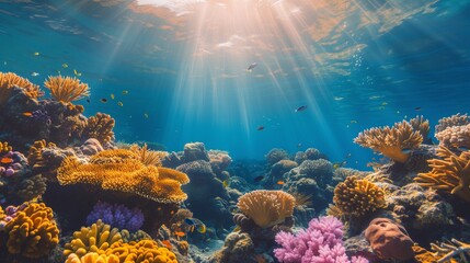 Pristine coral reef basking in the glow of natural underwater light.