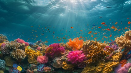 Obraz premium Warm water reef with soft and hard corals in a natural underwater display.