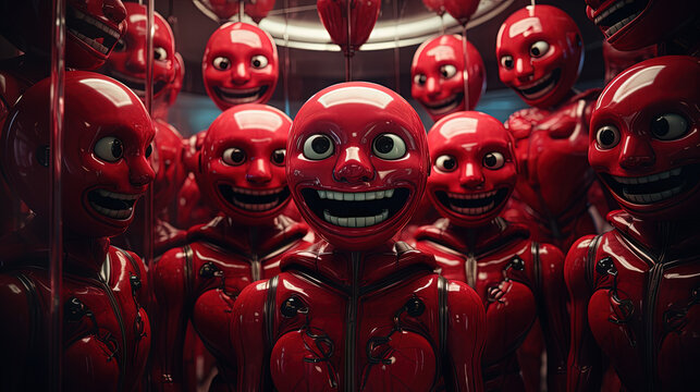 Rows of red laughing humanoid figures in a claustrophobic space, invoking feelings of uniformity and satire