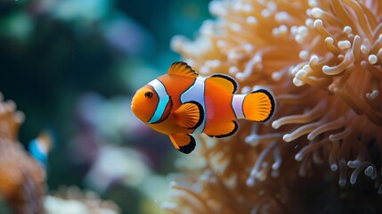 Fototapeta na wymiar Coral reef's vivid colors highlighted by the presence of a tropical clownfish.