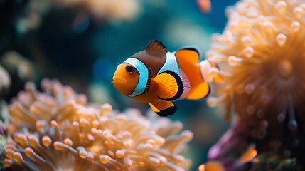 Naklejka na ściany i meble Sustainability of marine life reflected in a clownfish's natural behaviors.