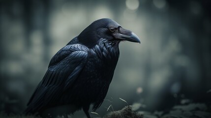 Naklejka premium Ominous yet majestic, the raven stands as an emblem of the forest's depth.