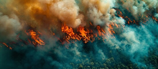 Bird's-eye view of a forest fire or wildfire captured by an aerial drone, showing dense smoke clouds and the combustion of parched vegetation. - obrazy, fototapety, plakaty