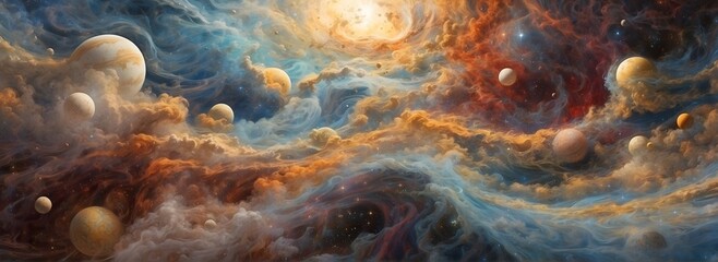 Banner universo de fantasia, nubes, planetas, nebulosas en el espacio, atractiva composicion. - obrazy, fototapety, plakaty