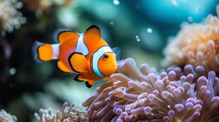 Naklejka na ściany i meble Aquatic biodiversity exemplified by a clownfish's presence in the reef.